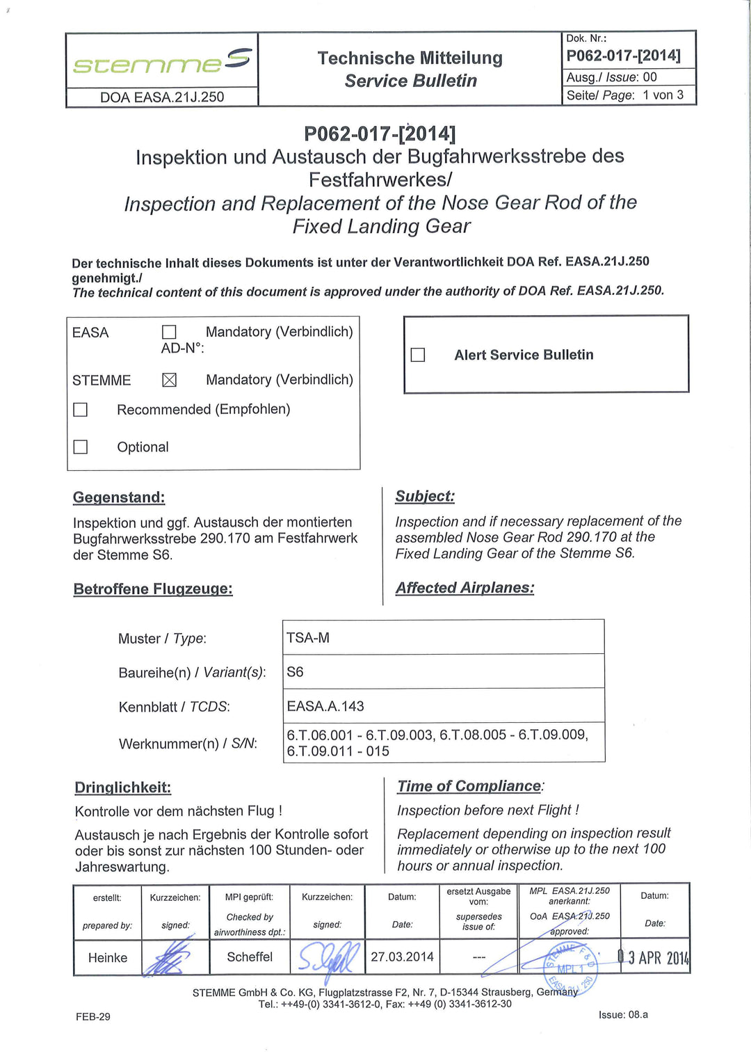 S6 Service Bulletin Nose Gear Rod Replacement