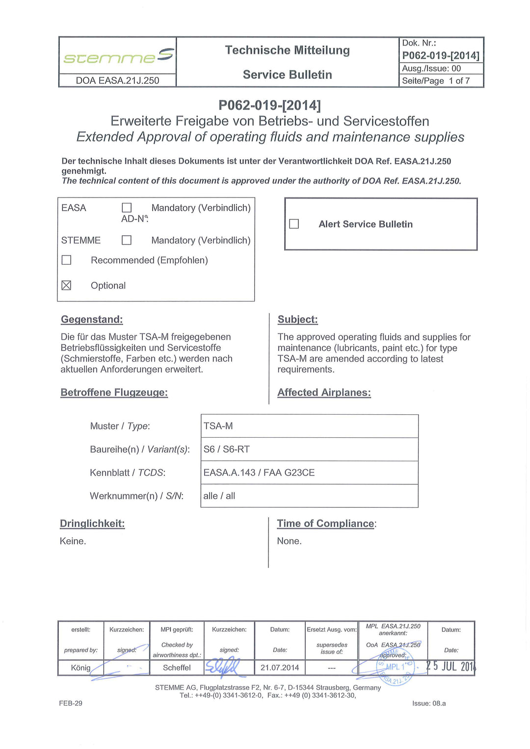 S6 Service Bulletin Approval of Fluids and Supplies