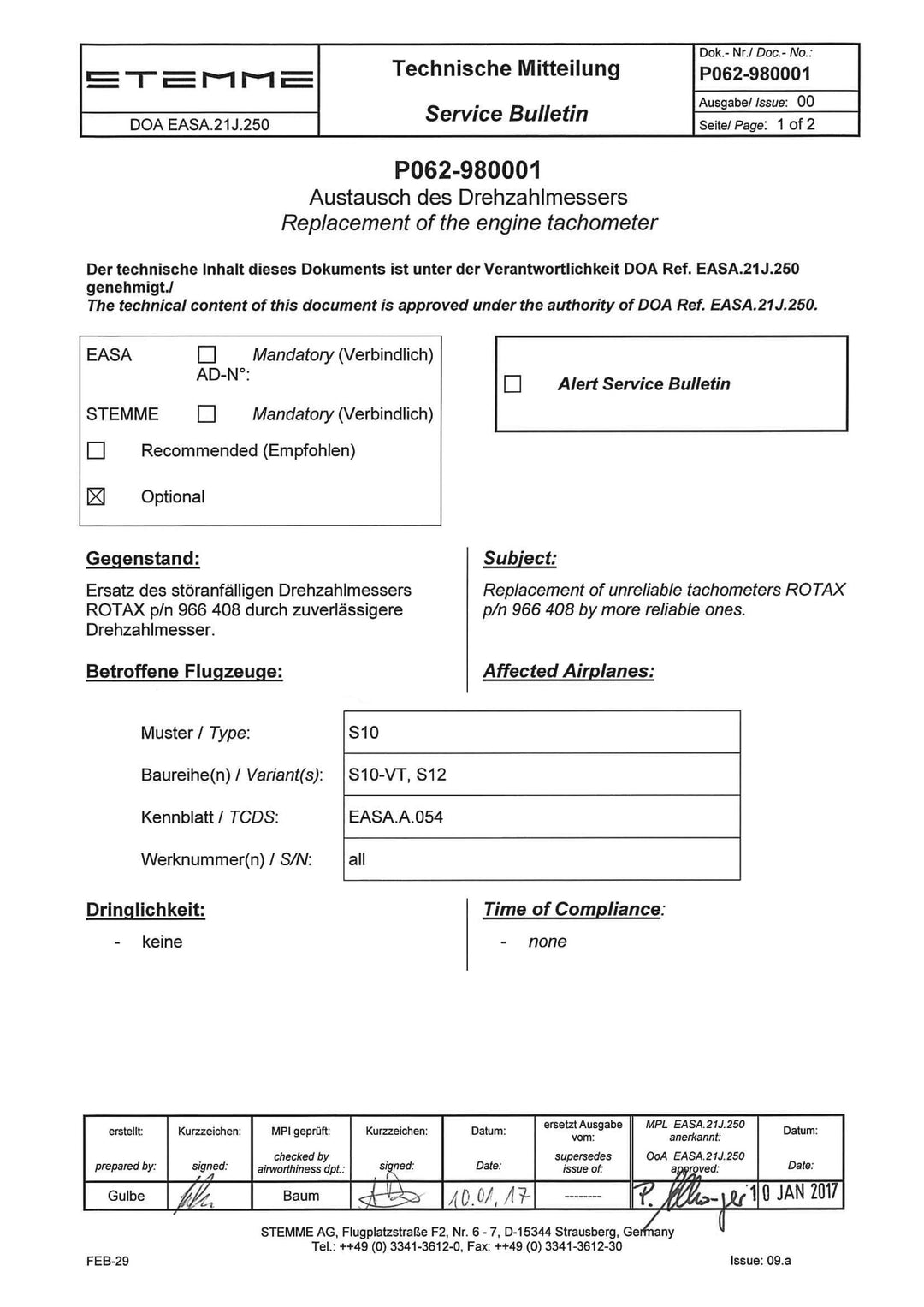 S10/12 Service Bulletin Engine Tachometer