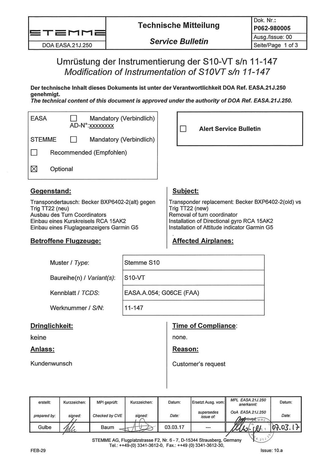 S10-VT Service Bulletin Instrument Modification