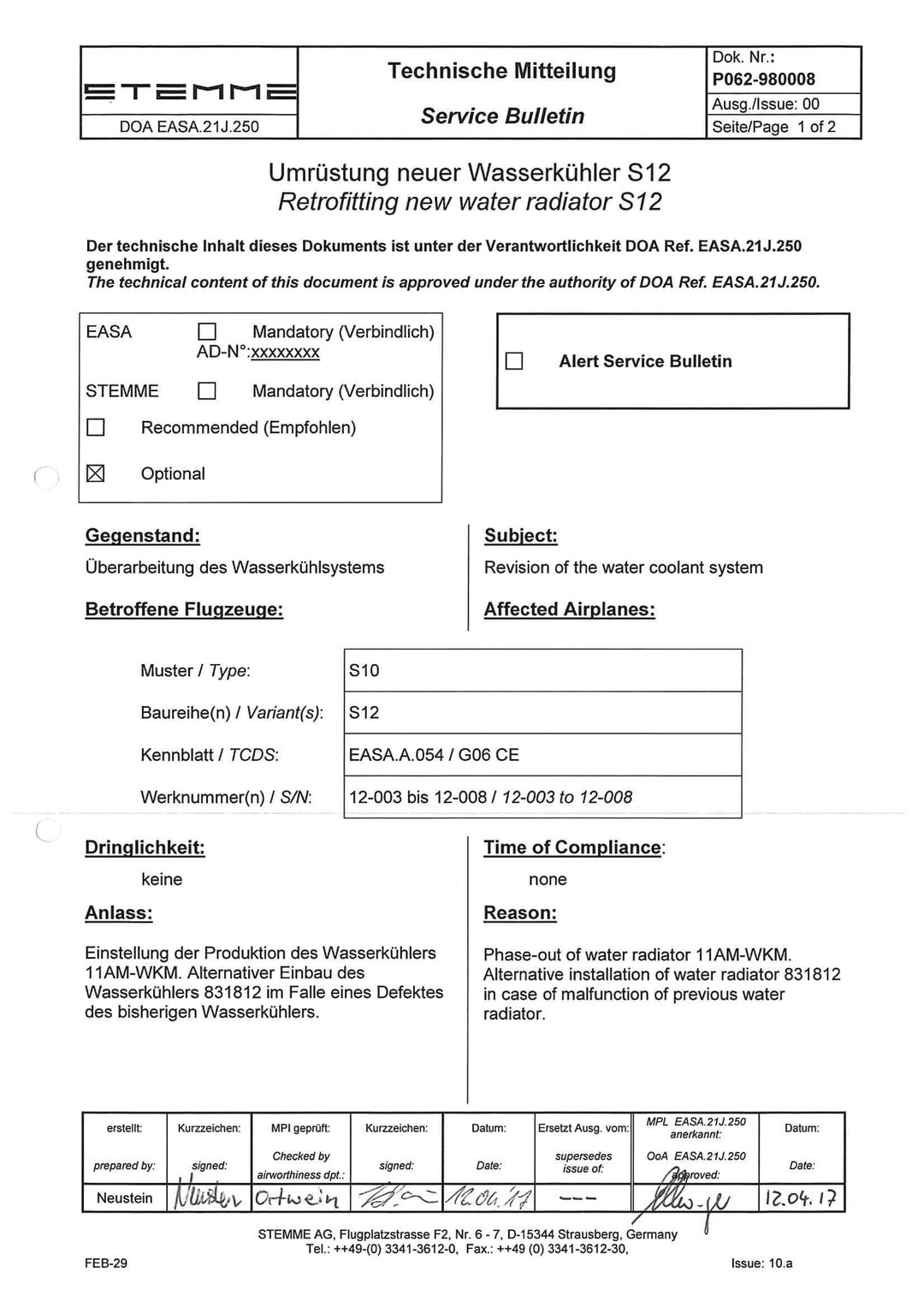 S12 Service Bulletin New Radiator