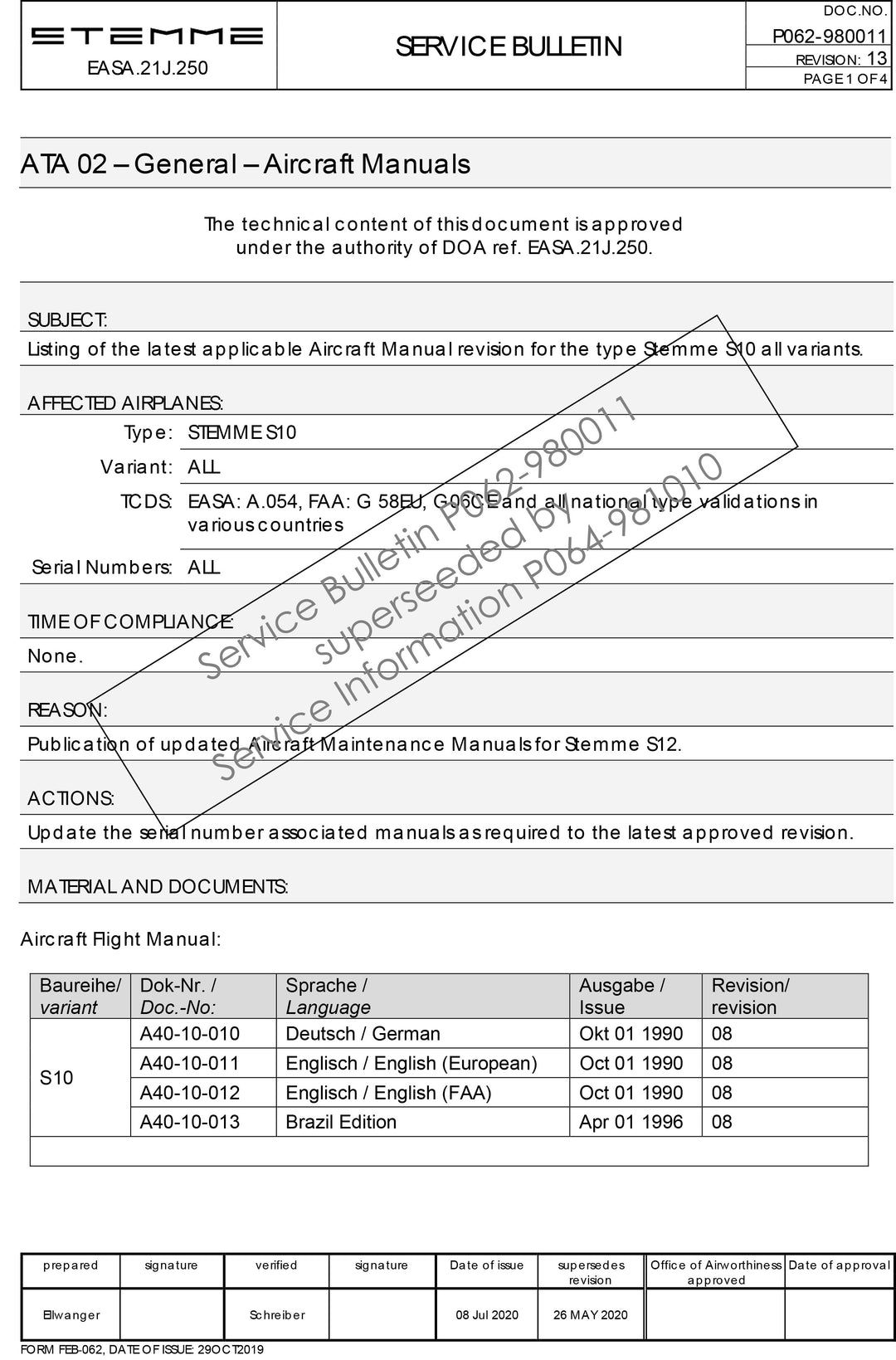 S10 Service Bulletin P062-980011 Superseded