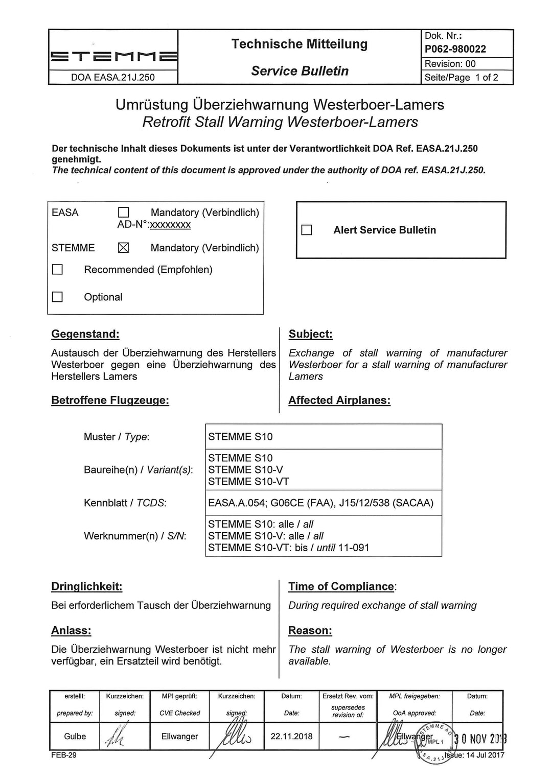 S10 Service Bulletin Stall Warning Retrofit