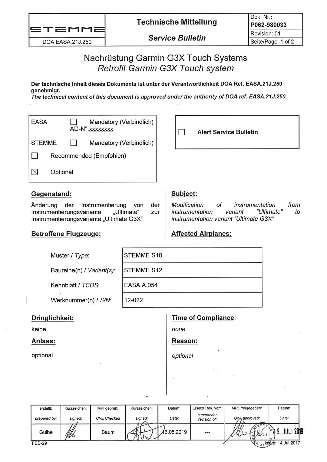 S12 Service Bulletin G3X Retrofit