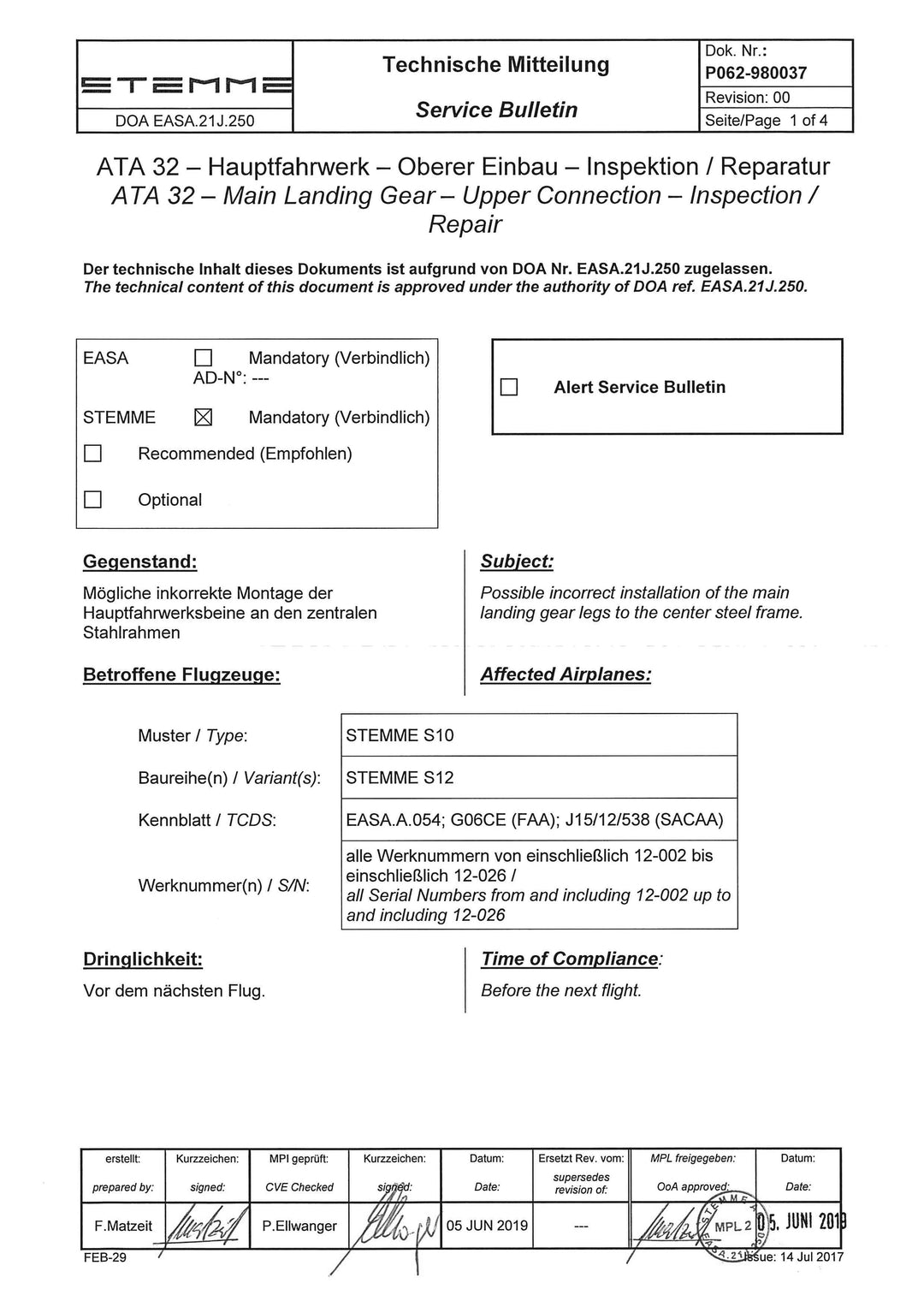 S12 Service Bulletin MLG Connection Inspection