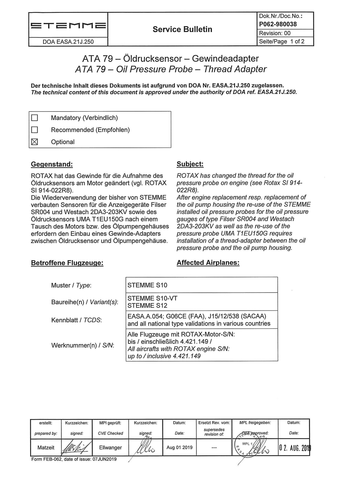 S10/12 Service Bulletin Oil Pressure Probe