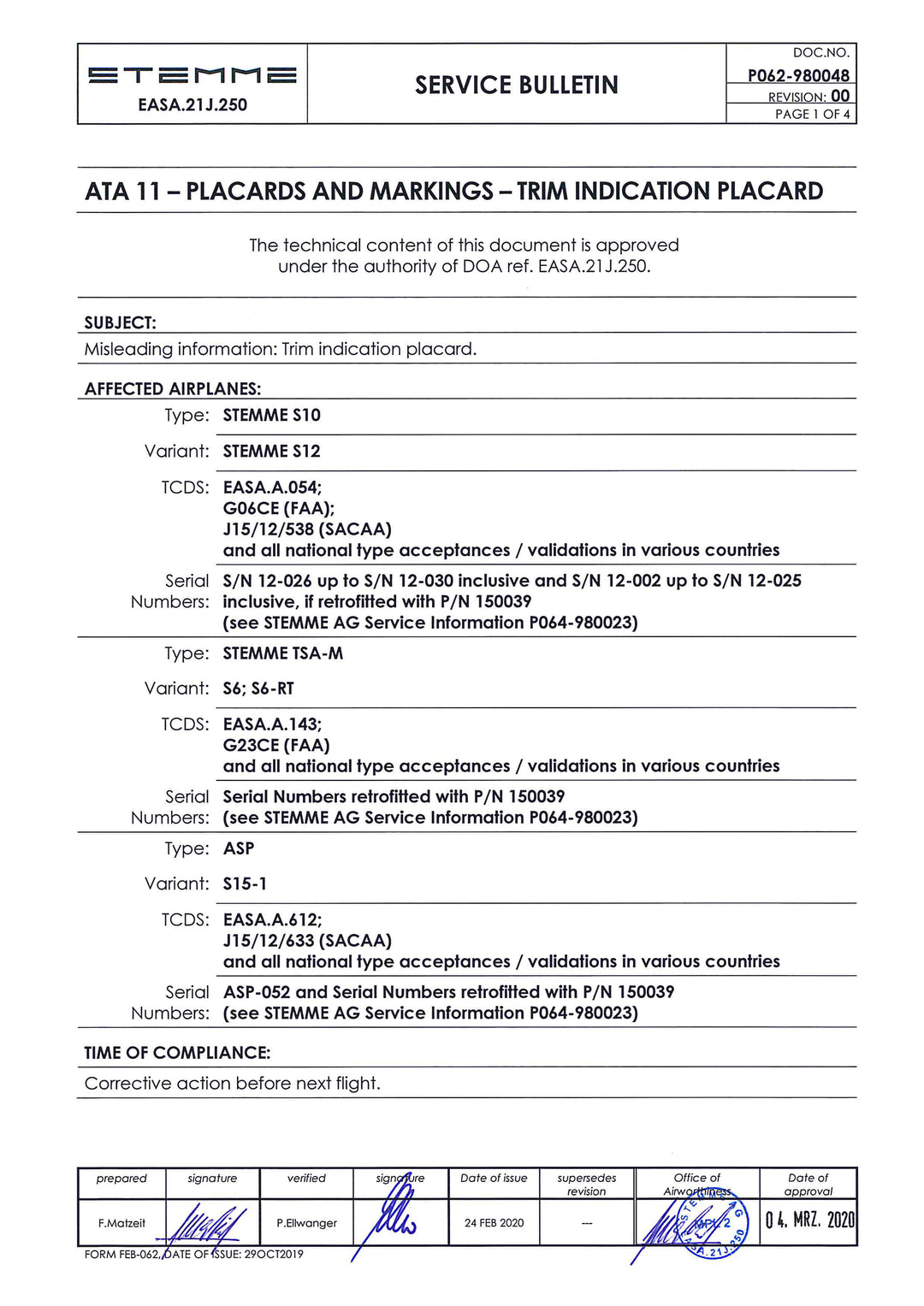 S6 Service Bulletin Trim Placard