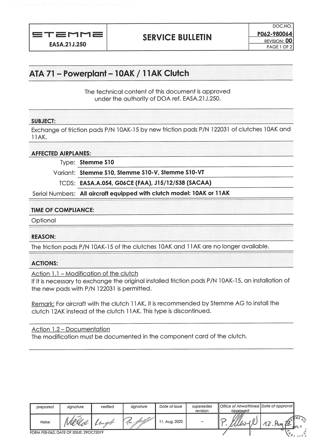 S10 Service Bulletin Friction Pad Exchange