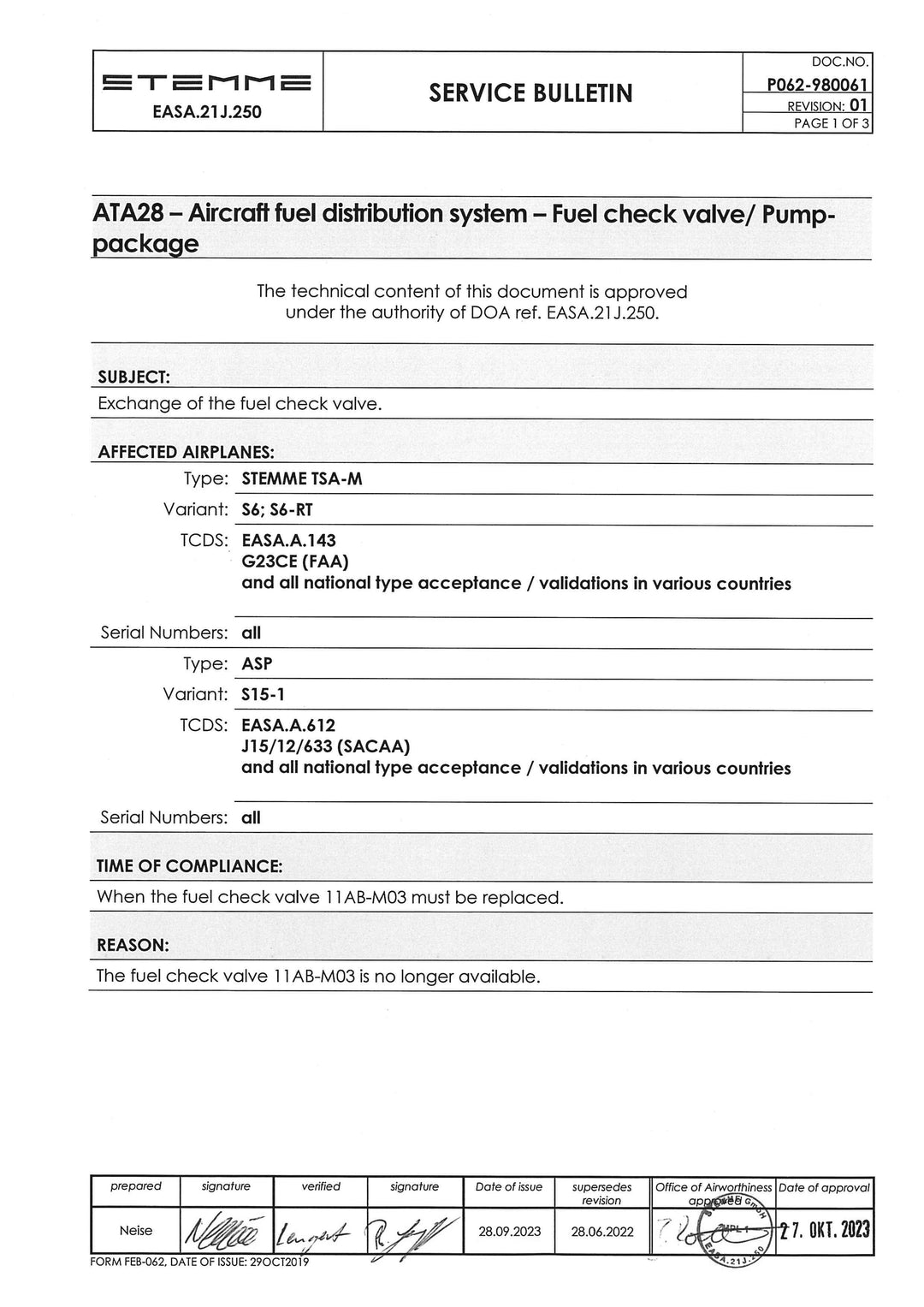S6 Service Bulletin Fuel Check Valve
