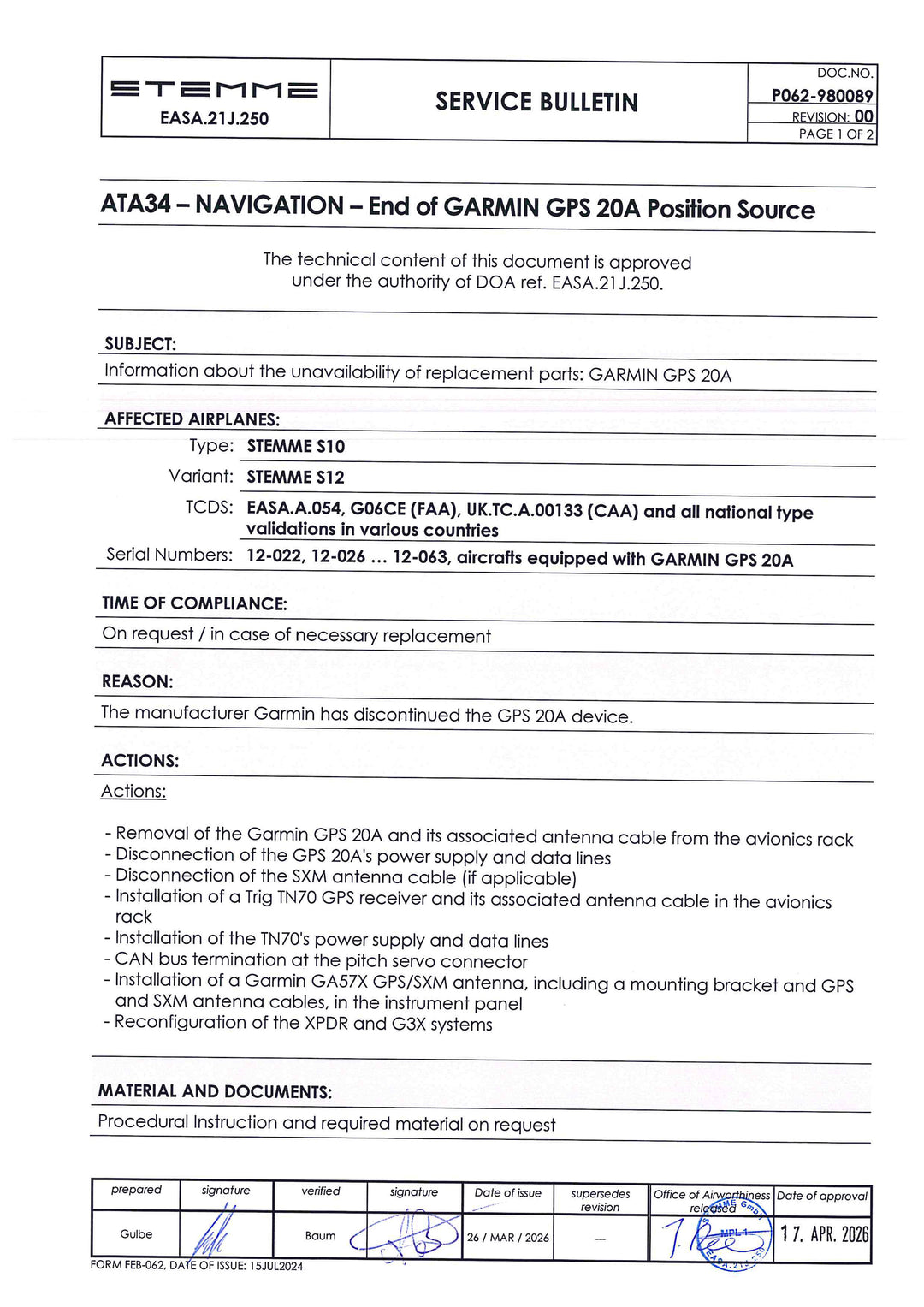 S12 Service Bulletin End of Garmin GPS 20A Position Source
