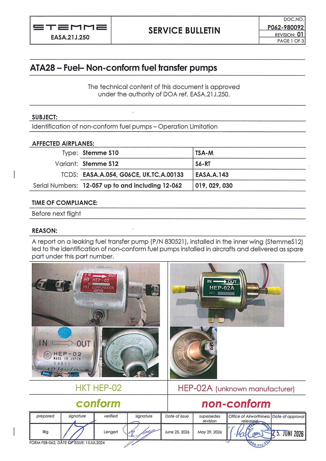 S12 Service Bulletin Non-conform Fuel Transfer Pumps