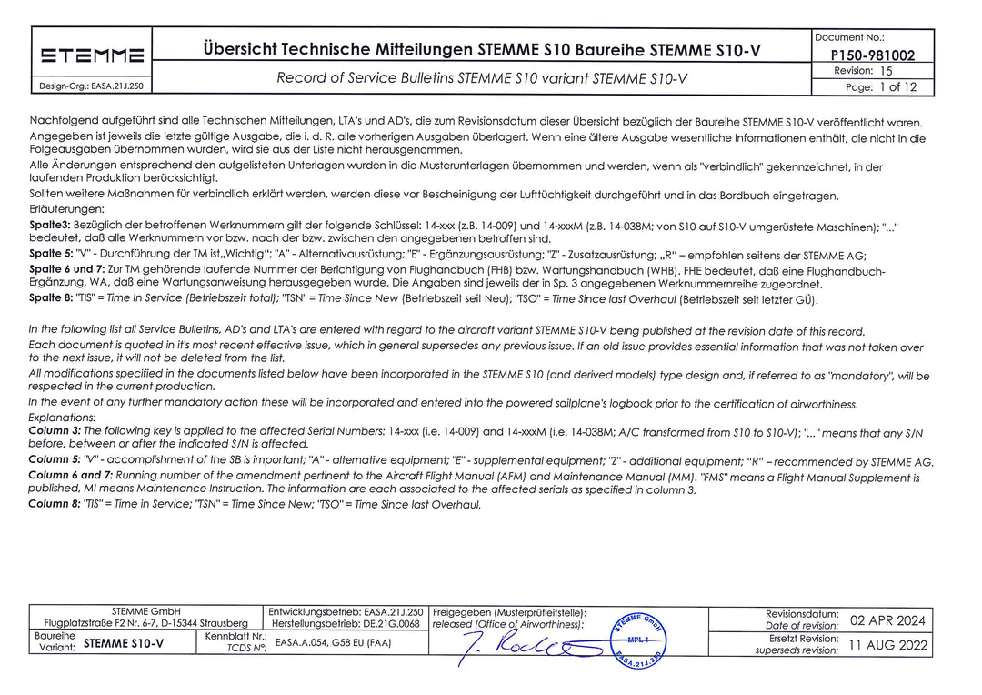S10-V Record of Service Bulletins