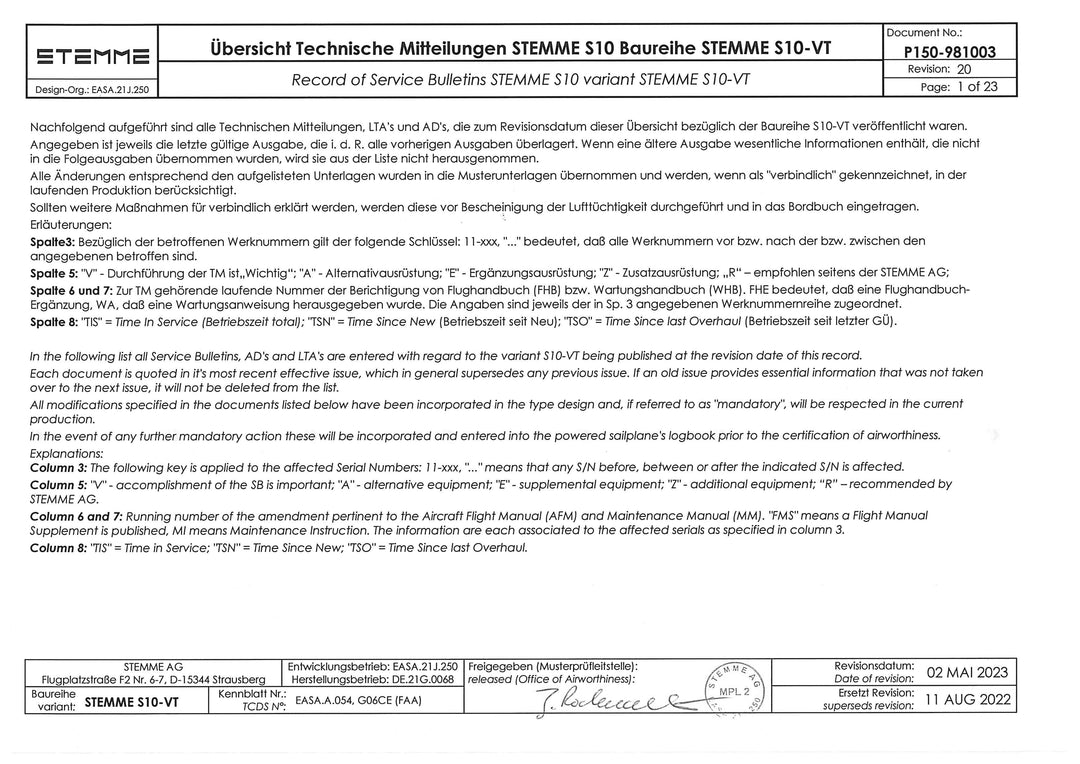 S10 Record of Service Bulletins