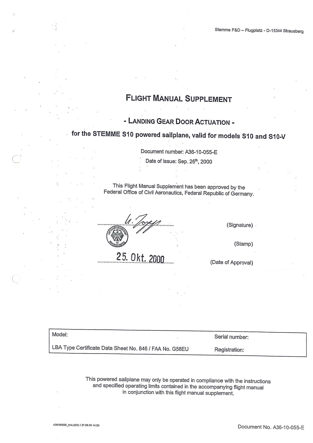 S10 and S10-V Flight Manual Supplement Landing Gear Door