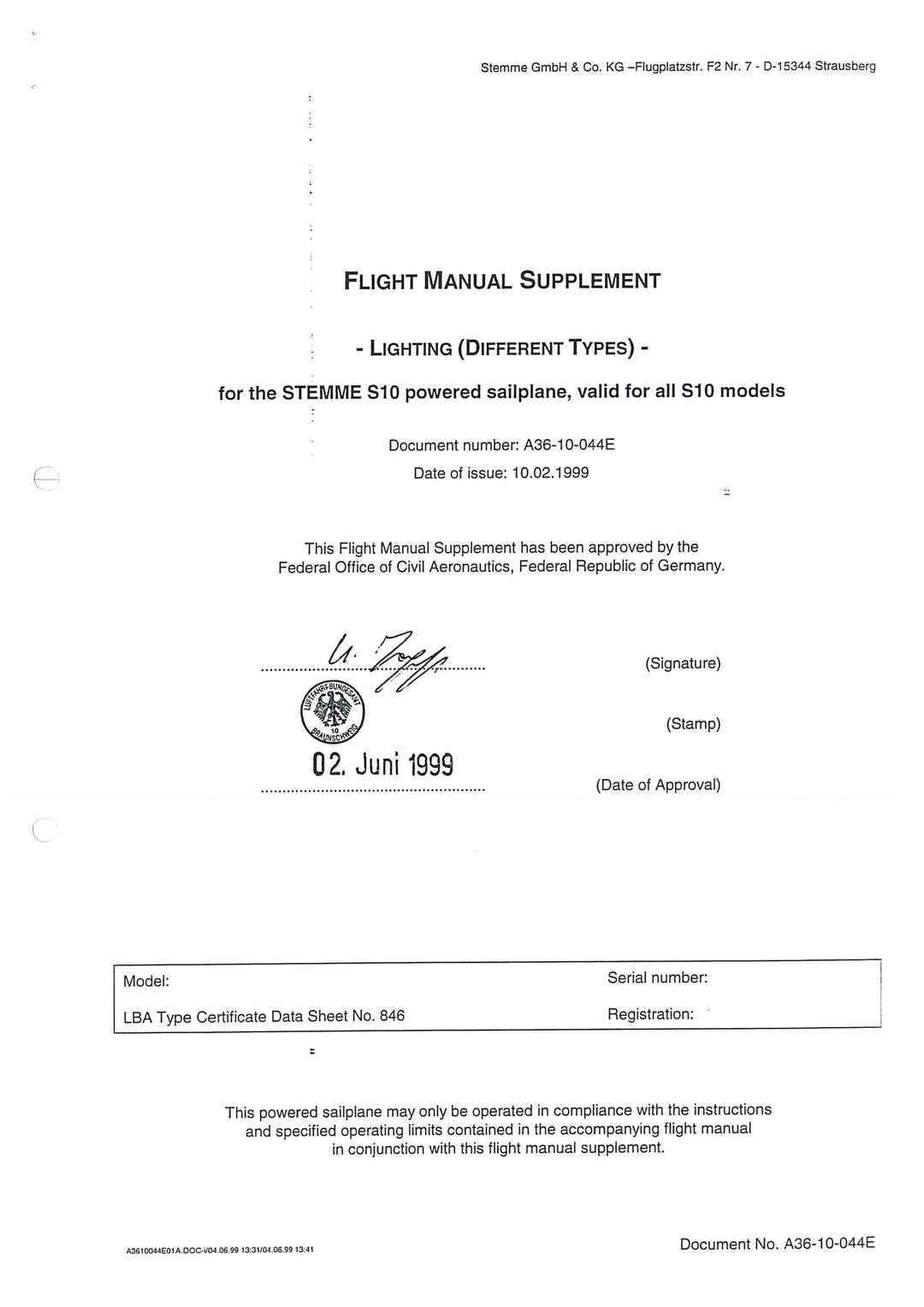 S10,-V,-VT Flight Manual Supplement Lighting
