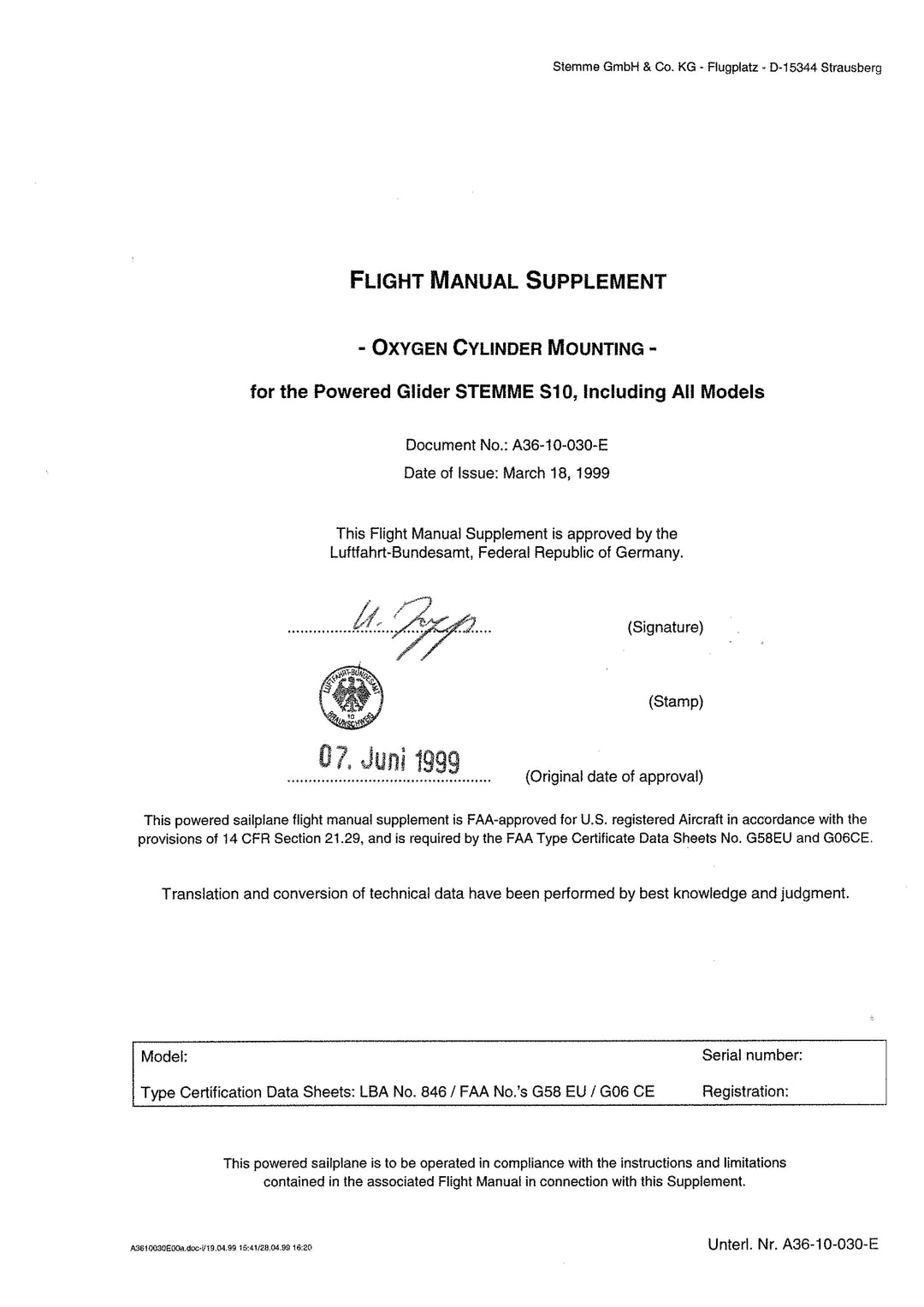 S10,-V,-VT Flight Manual Supplement Oxygen