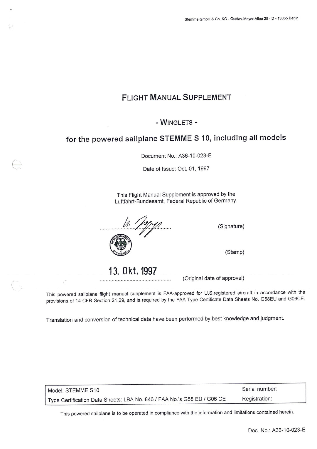 S10,-V,-VT Flight Manual Supplement Winglets