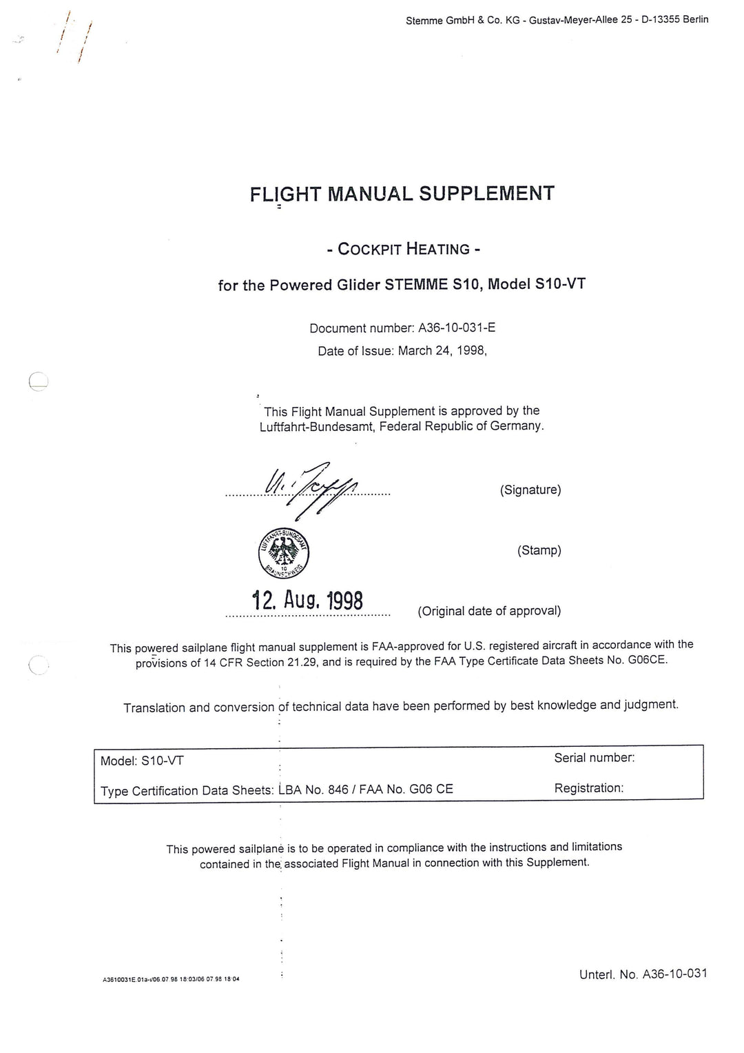 S10-VT Flight Manual Supplement Cockpit Heating