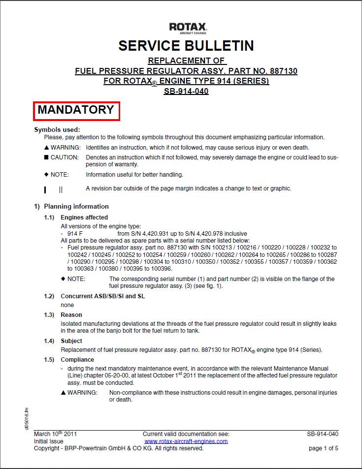 Rotax Service Bulletin Fuel Pressure Regulator