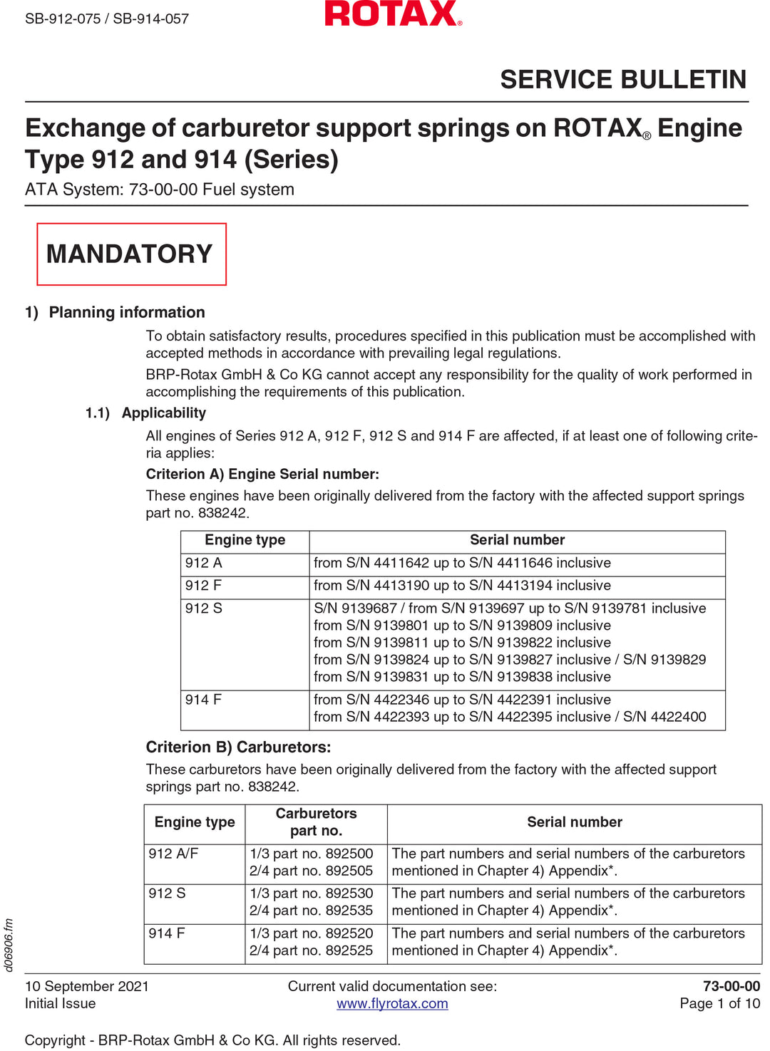 Rotax Service Bulletin Carburetor Support Spring